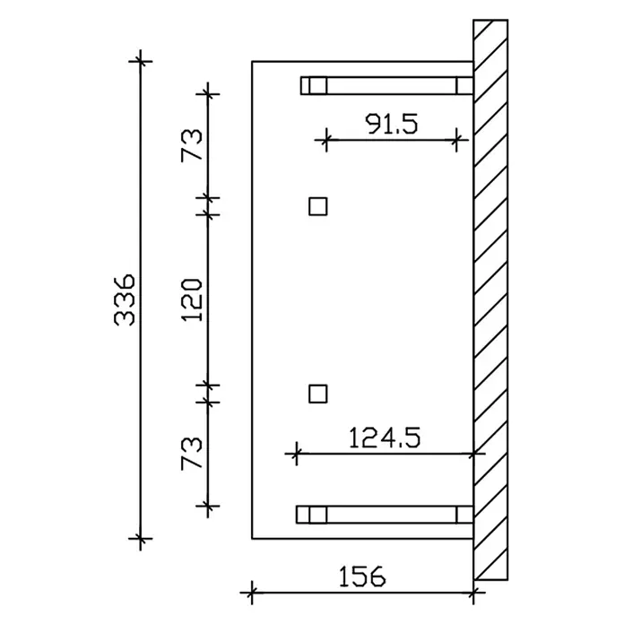 SKAN HOLZ Pultvordach Paderborn 6 - 336 x 156 x 293 cm, Nussbaum - Technische Zeichnung einer Montageplatte mit Maßen: Höhe 336, Breite 156, zwei quadratischen Löchern und zwei horizontalen Schlitzen.