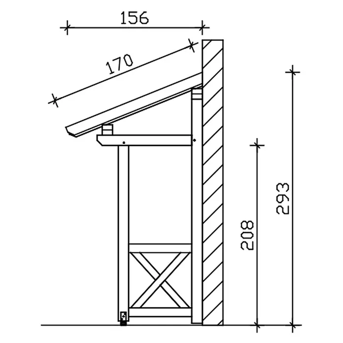 SKAN HOLZ Pultvordach Paderborn 4 - 242 x 156 x 293 cm, Anthrazit - Seitenansicht einer hölzernen Anlehnkonstruktion mit schrägem Dach, kreuzverstrebter Basis und Maßen.