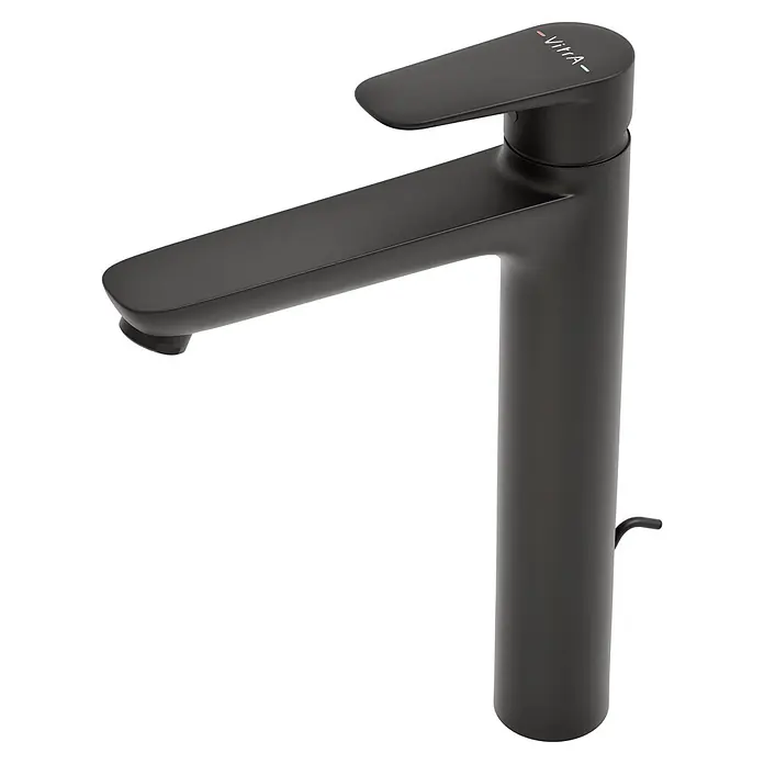 VitrA Flow Soft Waschtischarmatur - Höhe: 29,3 cm, Mit Zugstange, Schwarz - Matt schwarze Einhebelarmatur mit 'VitrA' Branding und Heiß-/Kaltanzeigen.