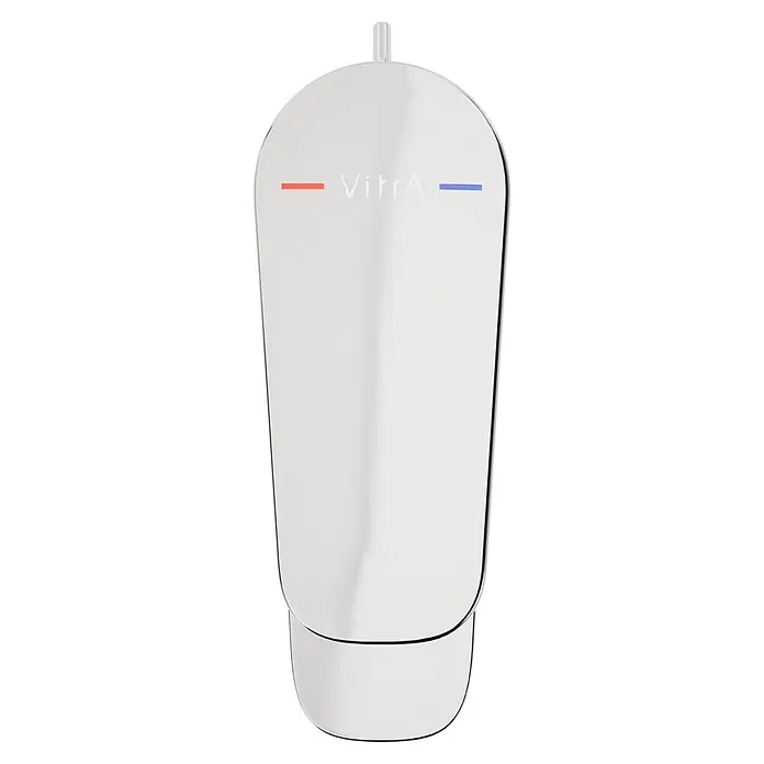 VitrA Flow Soft Waschtischarmatur - Chrom, Höhe: 15 cm, Mit Zugstange - Polierter Chrom-Wasserhahnhebel von VitrA mit roten/blauen Temperaturanzeigen.