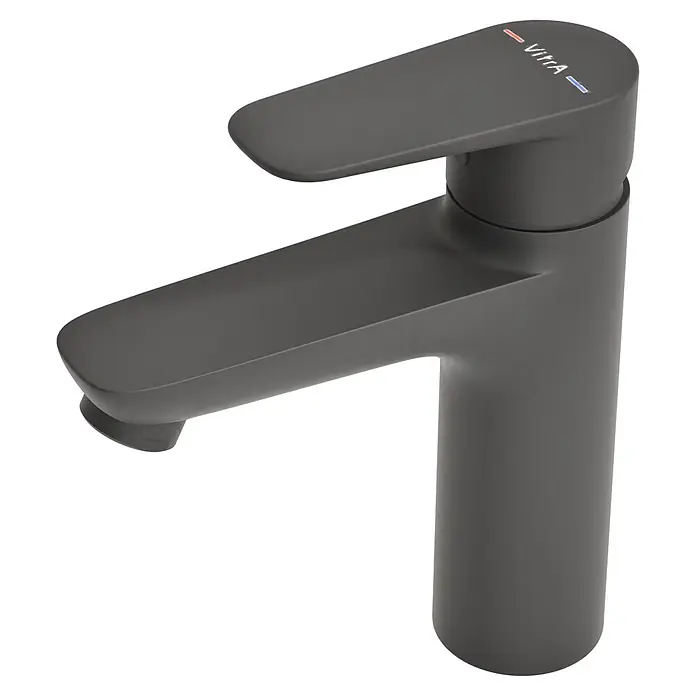 VitrA Flow Soft Waschtischarmatur - Schwarz, Höhe: 17 cm, Ohne Zugstange - Dunkelgraue VitrA Einhebel-Waschtischarmatur mit roten und blauen Temperaturanzeigen am Griff.