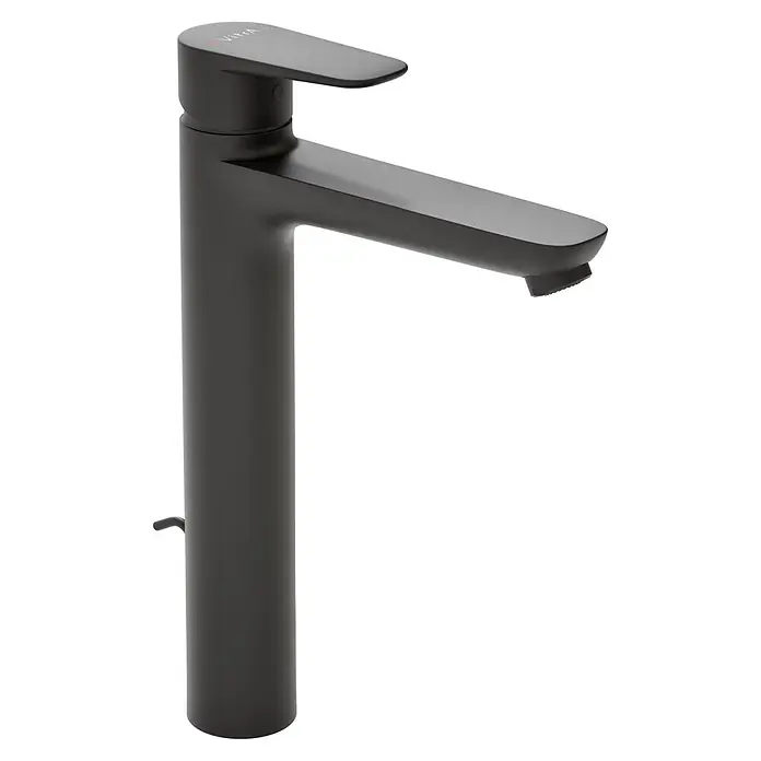 VitrA Flow Soft Waschtischarmatur - Höhe: 29,3 cm, Mit Zugstange, Schwarz - Mattschwarze Einhebel-Waschtischarmatur mit Vitra Logo und Ablaufgarniturhebel.