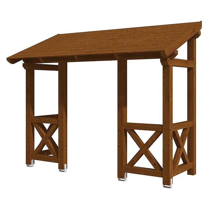 SKAN HOLZ Pultvordach Paderborn 5 - 336 x 156 x 293 cm, Nussbaum - Braune Holz-Carport-Struktur mit Schrägdach und X-Streben-Seitenpaneelen, für Außenschutz.