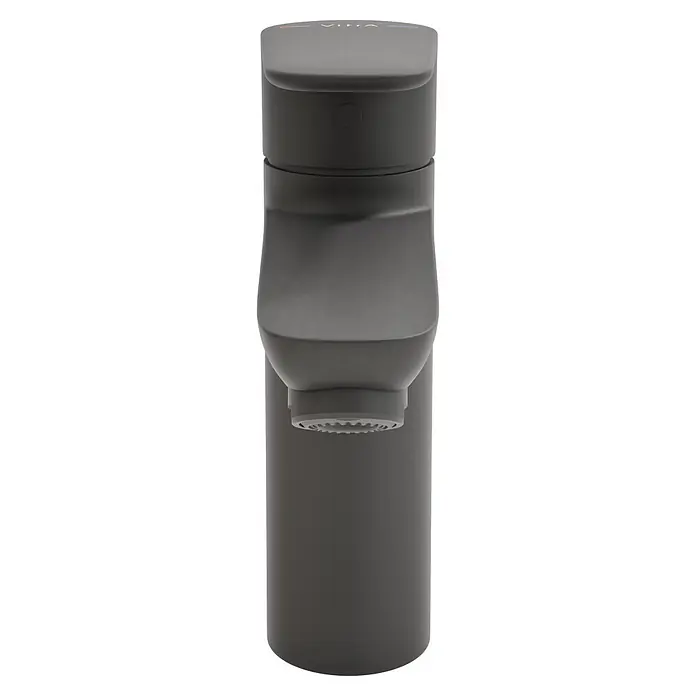 VitrA Flow Soft Waschtischarmatur - Schwarz, Höhe: 17 cm, Mit Zugstange - Dunkelgrauer moderner Duschkopf mit flacher Oberseite und gemusterter Strahlscheibe.