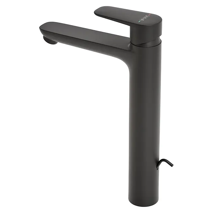 VitrA Flow Soft Waschtischarmatur - Höhe: 29,3 cm, Mit Zugstange, Schwarz - Mattschwarze hohe Waschtischarmatur mit Einhebelmischer, Vitra-Logo und Zugstange.