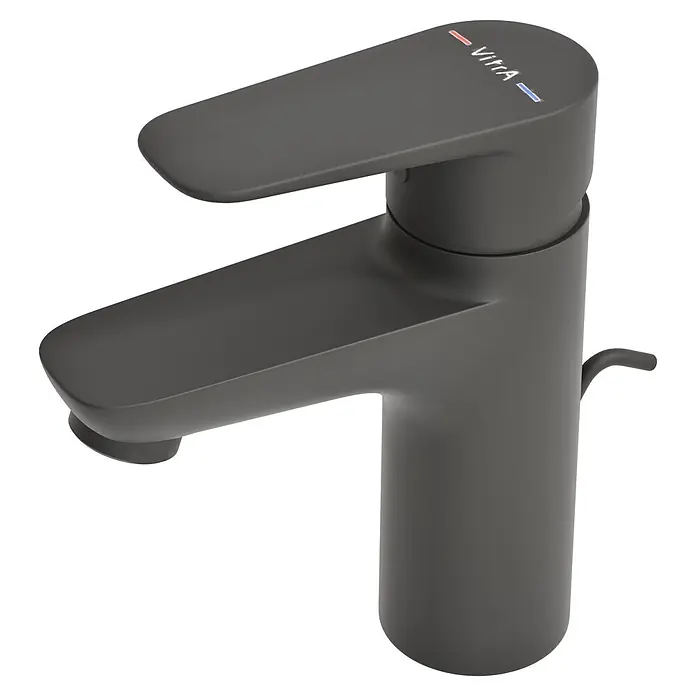 VitrA Flow Soft Waschtischarmatur - Schwarz, Höhe: 15 cm, Mit Zugstange - Dunkelgraue matte Einhebel-Waschtischarmatur mit Vitra-Logo und rot/blauen Temperaturanzeigen.