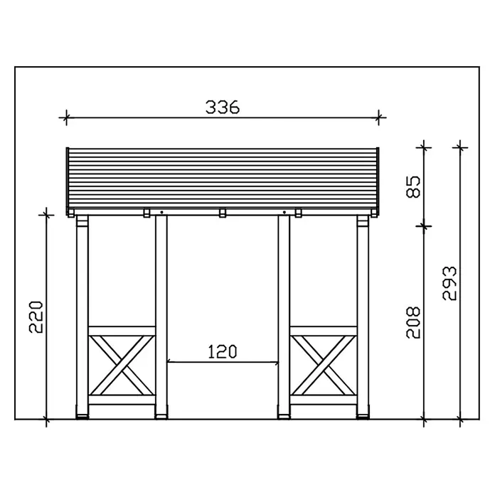 SKAN HOLZ Pultvordach Paderborn 5 - 336 x 156 x 293 cm, Weiß - Technisches Zeichnung einer hölzernen Gartenlaube mit Lamellendach und X-Verstrebungen, mit Maßen.