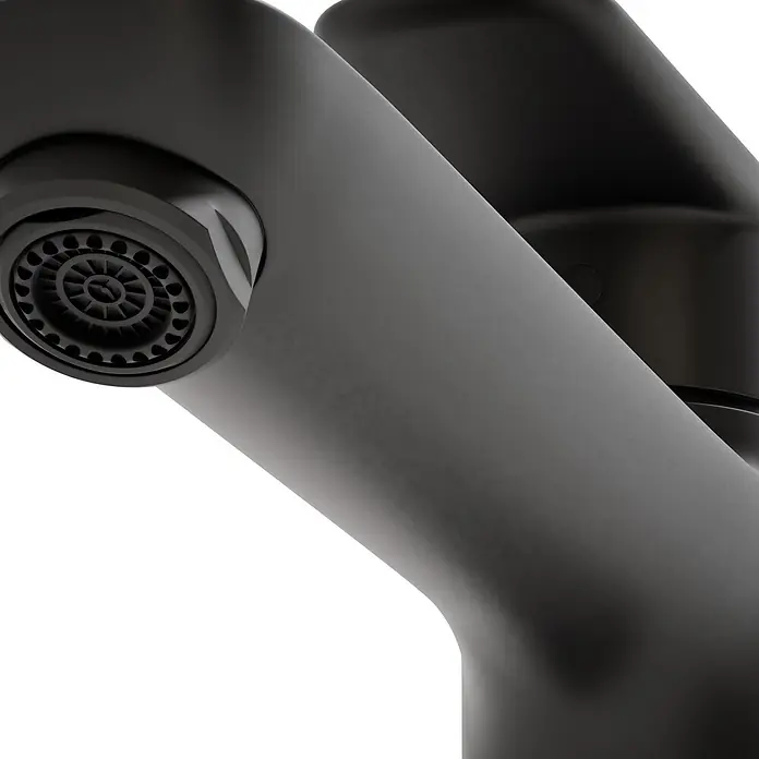 VitrA Flow Soft Waschtischarmatur - Höhe: 29,3 cm, Mit Zugstange, Schwarz - Mattschwarzer Wasserhahn mit sichtbarem Luftsprudler.