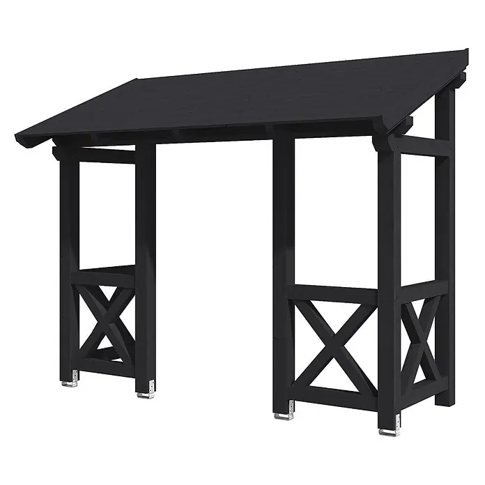 SKAN HOLZ Pultvordach Paderborn 5 - 336 x 156 x 293 cm, Anthrazit - Schwarze Holzpergola mit schrägem Dach und dekorativen Kreuzstreben an den Seiten.