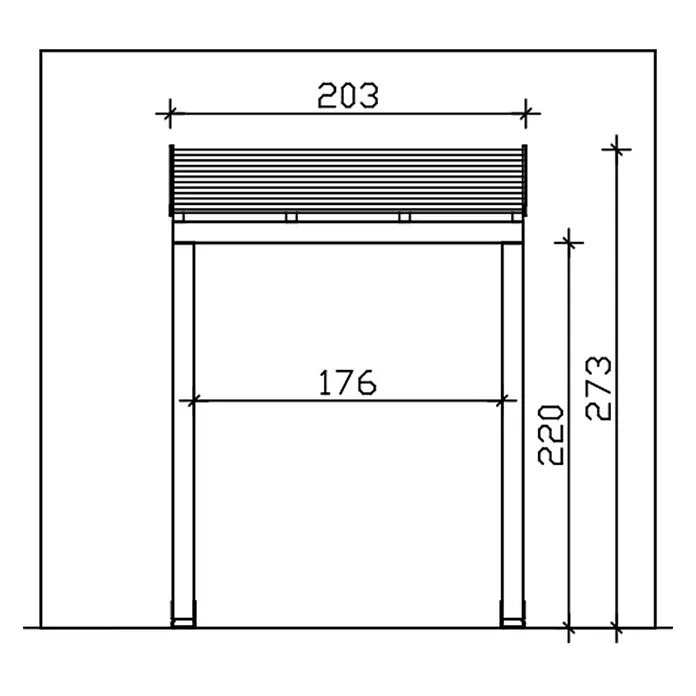 SKAN HOLZ Pultvordach Prerow - 203 x 128 x 276 cm, Schiefergrau - Technische Zeichnung eines Lattenrost-Gestells mit Stützen, Breite 203, Höhe 273, Beinhöhe 220.