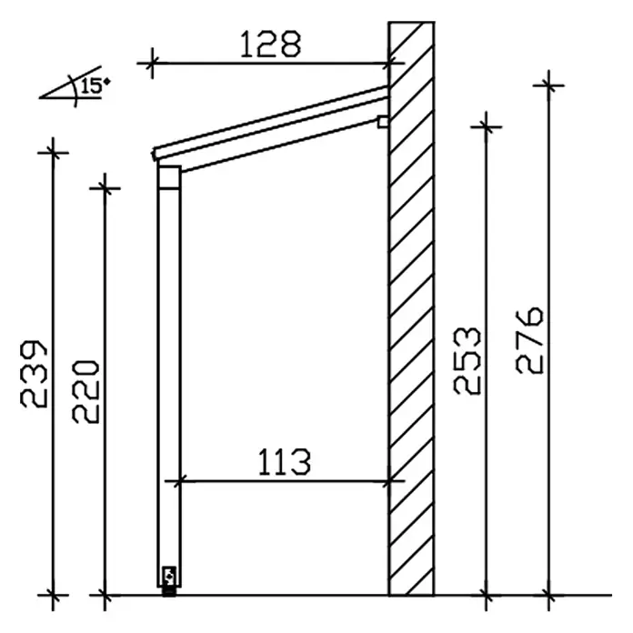 SKAN HOLZ Pultvordach Prerow - 203 x 128 x 276 cm, Schiefergrau - Technische Zeichnung einer wandmontierten Überdachungsstütze mit Hauptabmessungen und 15-Grad-Winkel.