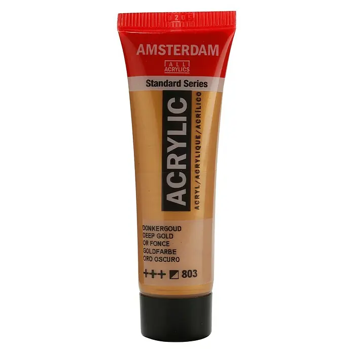 Talens Amsterdam Pintura acrílica Standard - Oro oscuro, 20 ml, Tubo - Primer plano de un tubo de pintura acrílica Amsterdam en color oro oscuro (803) sobre un fondo neutro.