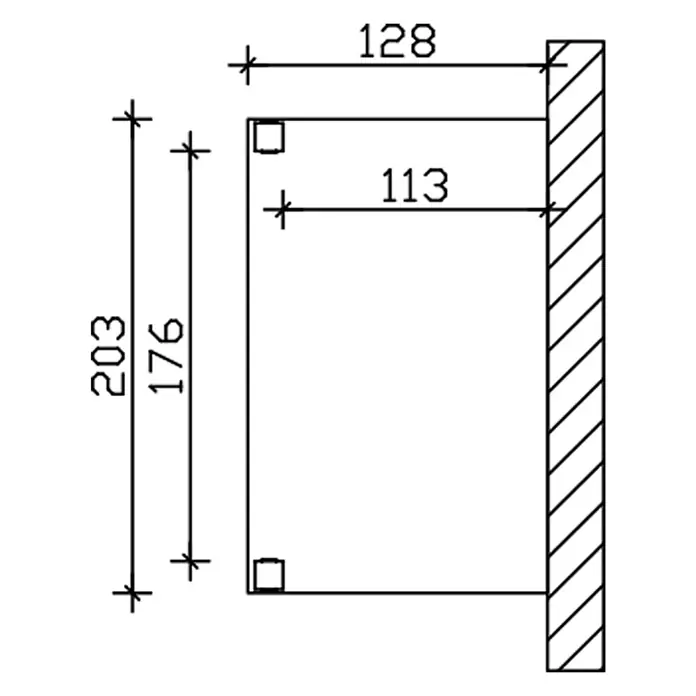 SKAN HOLZ Pultvordach Prerow - 203 x 128 x 276 cm, Schiefergrau - Technische Zeichnung einer Wandhalterung mit Höhen- und Tiefenmaßen sowie Befestigungspunkten.
