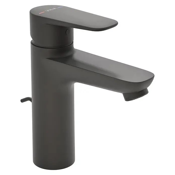 VitrA Flow Soft Waschtischarmatur - Schwarz, Höhe: 17 cm, Mit Zugstange - Elegante, mattschwarze Einhebel-Waschtischarmatur mit modernem Design und kleinen Warm-/Kaltanzeigen.