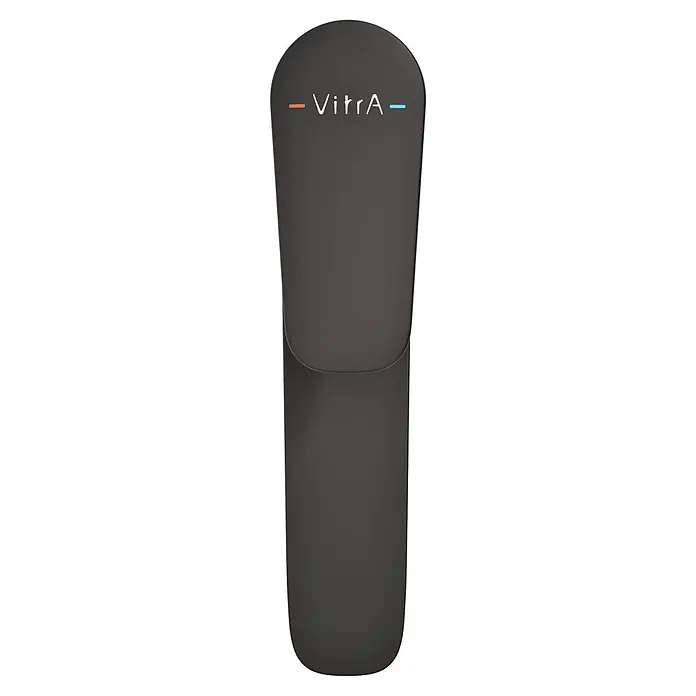 VitrA Flow Soft Waschtischarmatur - Höhe: 29,3 cm, Ohne Zugstange, Schwarz - Dunkelgraues mattes VitrA-Steuergerät mit weißem Logo und roten und blauen Warm-/Kaltanzeigen.