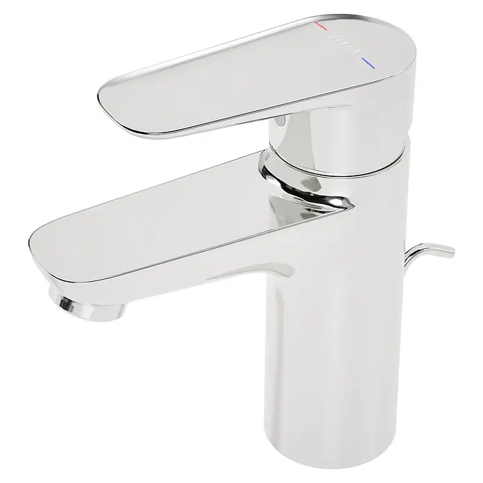 VitrA Flow Soft Waschtischarmatur - Chrom, Höhe: 15 cm, Mit Zugstange - Verchromte Einhebel-Waschtischarmatur mit VitrA-Branding und Heiß-/Kaltanzeigen.
