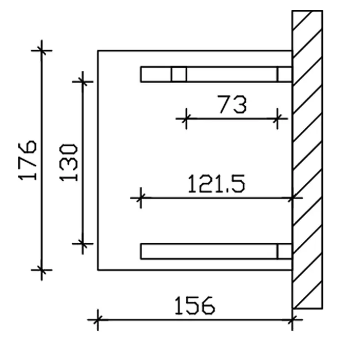 SKAN HOLZ Pultvordach Potsdam 3 - 176 x 156 x 293 cm, Natur - Technische Seitenansicht einer Wandhalterung mit zwei horizontalen Tragarmen, mit Bemaßungen.