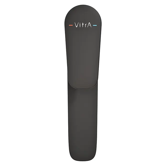 VitrA Flow Soft Waschtischarmatur - Höhe: 29,3 cm, Mit Zugstange, Schwarz - Dunkelgraue matte VitrA Betätigungsplatte mit weißem Logo, roten und blauen Anzeigen.
