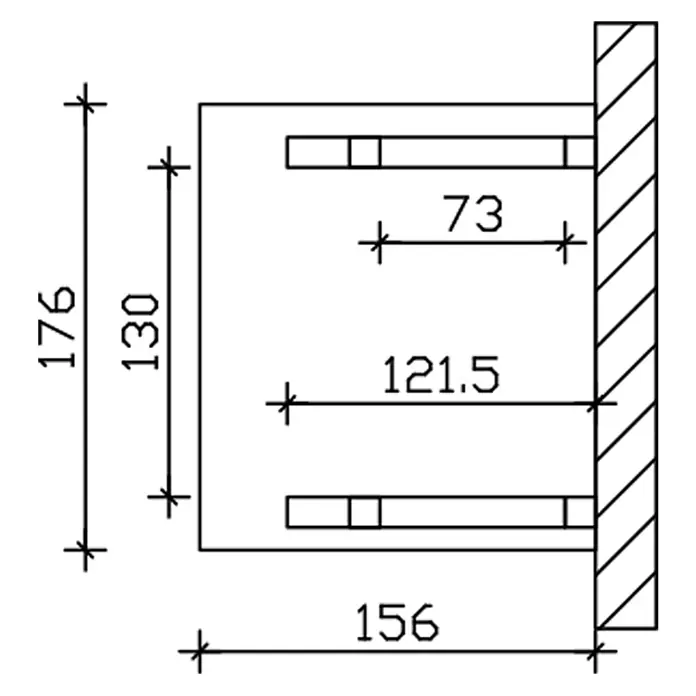 SKAN HOLZ Pultvordach Potsdam 4 - 176 x 156 x 293 cm, Eiche hell - Technische Zeichnung einer wandmontierten Halterung mit zwei horizontalen Armen. Maße: 176mm Höhe, 156mm Tiefe, Armauskragungen 73mm und 121,5mm.