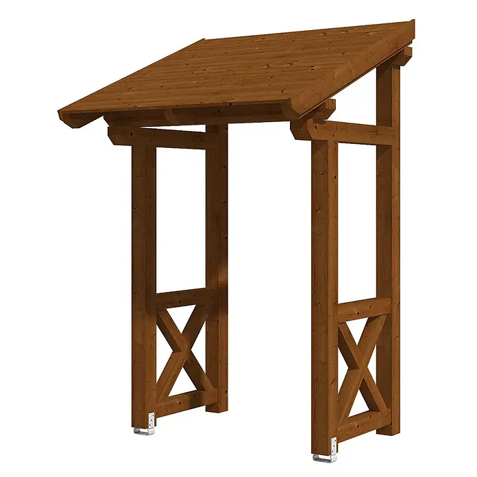 SKAN HOLZ Pultvordach Potsdam 4 - 176 x 156 x 293 cm, Nussbaum - Braune Holzpergola mit schrägem Dach und Seiten mit Kreuzverstrebung auf Metallsockeln.