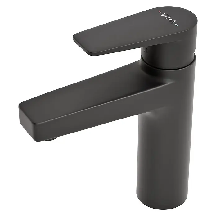 VitrA Flow Square Waschtischarmatur - Schwarz, Matt, Höhe: 17,6 cm, Ohne Zugstange - Mattschwarze Einhebel-Waschtischarmatur mit Heiß- und Kaltwasseranzeige.