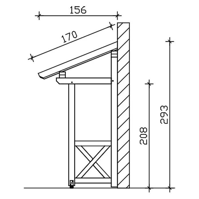 SKAN HOLZ Pultvordach Potsdam 4 - 176 x 156 x 293 cm, Eiche hell - Technische Zeichnung eines hölzernen Wandregals mit Schrägdach und Kreuzstreben, inkl. Maße.