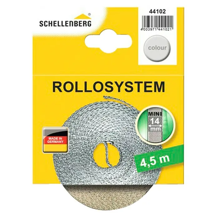 Schellenberg Cinta para persiana - Beige, Largo: 4,5 m, Anchura de la correa: 14 mm - Enrollador de cinta de persiana Schellenberg Mini, 4,5 m, en blanco. Ideal para sistemas de persianas enrollables con un ancho de cinta de 14 mm.