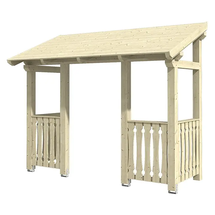 SKAN HOLZ Pultvordach Paderborn 6 - 336 x 156 x 293 cm, Natur - Hölzerner Gartenunterstand mit Satteldach, Ziergeländer und Metallfüßen.