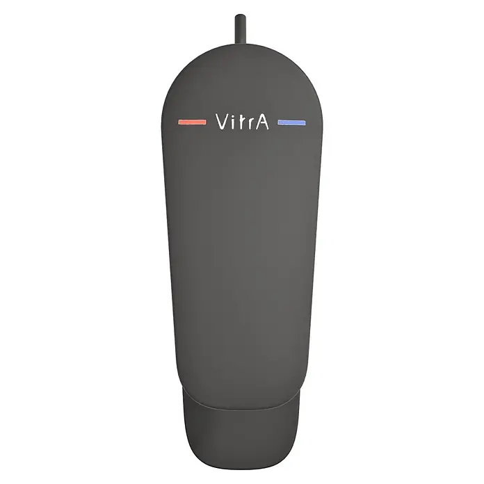 VitrA Flow Soft Waschtischarmatur - Schwarz, Höhe: 15 cm, Mit Zugstange - Dunkelgraue VitrA Spülplatte mit abgerundetem Design, zentralem Logo sowie roten und blauen Anzeigeleisten.