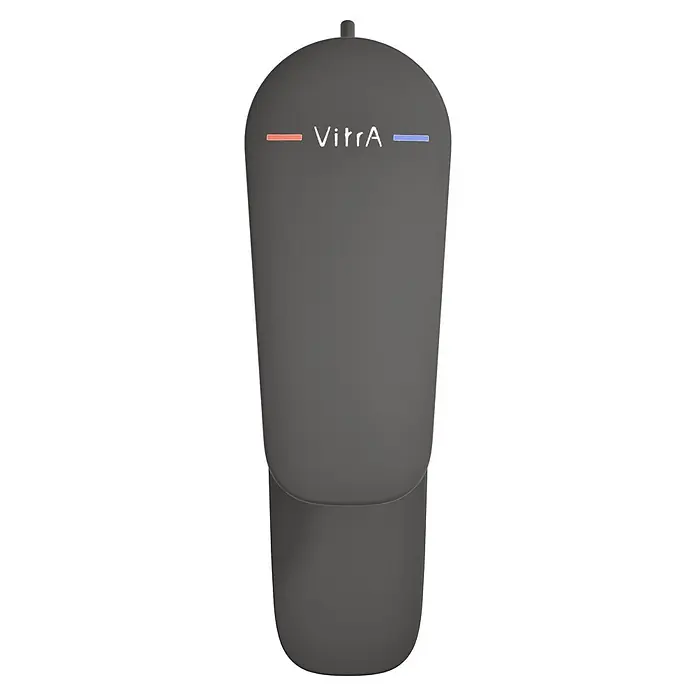 VitrA Flow Soft Waschtischarmatur - Schwarz, Höhe: 17 cm, Mit Zugstange - Dunkelgraues VitrA Bedienfeld mit weißem Logo, roten und blauen Anzeigeleisten.