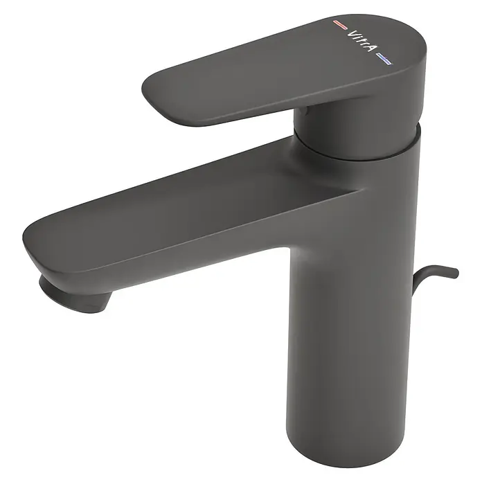 VitrA Flow Soft Waschtischarmatur - Schwarz, Höhe: 17 cm, Mit Zugstange - Matter dunkelgrauer Einhebel-Waschtischmischer mit VitrA-Logo, Warm-/Kaltanzeigen und Zugstangenablauf.