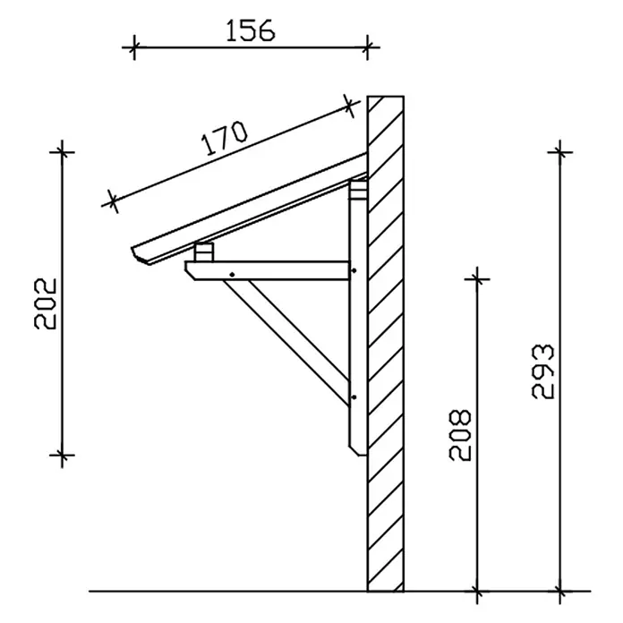 SKAN HOLZ Pultvordach Paderborn 1 - 242 x 156 x 202 cm, Nussbaum - Technische Zeichnung einer hölzernen Vordach- oder Kleindachkonstruktion, an einer Wand befestigt, mit Maßen.