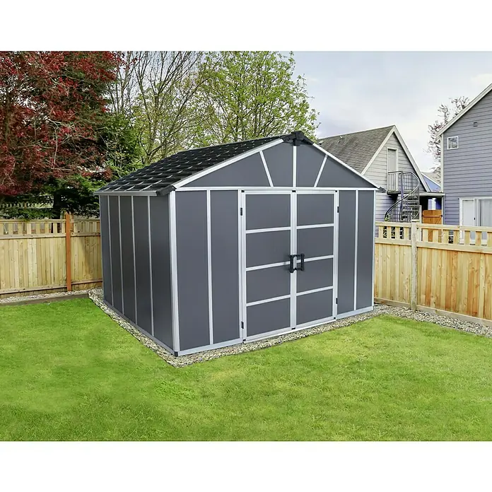 Palram – Canopia Gartenhaus - Außenmaß inkl. Dachüberstand (B x T): 332 x 271 cm, Kunststoff, Grau, Ohne Boden - Geräumiger Geräteschuppen im Garten, ideal für die Aufbewahrung von Gartengeräten und -möbeln, um den Außenbereich ordentlich zu halten.