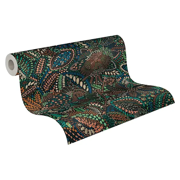 A.S. Création Cuba 2 Vliestapete Ethno - Grün-Braun, Floral, 10,05 x 0,53 m - Dunkle Tapetenrolle mit abstraktem, von der Natur inspiriertem Muster in Türkis, Blau, Grün, Braun, Pfirsich und Creme, diagonal abrollend.