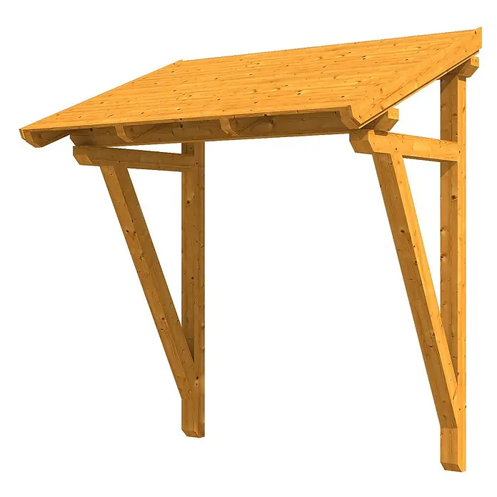 SKAN HOLZ Pultvordach Paderborn 2 - 242 x 156 x 280 cm, Eiche hell - Hellbrauner Holz-Anlehnvordach mit Stützbalken, bietet Schutz für einen Eingang oder Außenbereich.