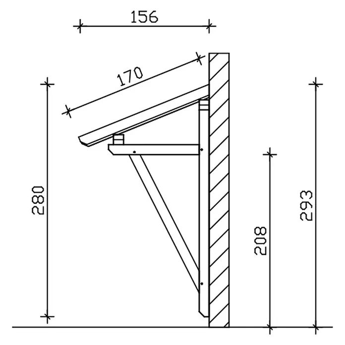 SKAN HOLZ Pultvordach Paderborn 2 - 242 x 156 x 280 cm, Eiche hell - Technische Zeichnung einer Wandhalterung aus Holz mit Maßen.