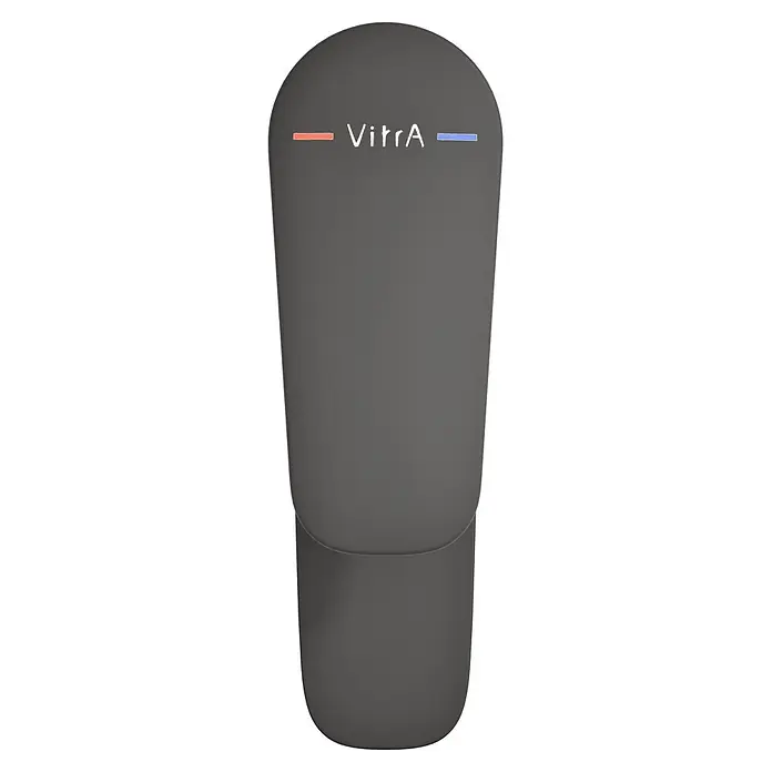 VitrA Flow Soft Waschtischarmatur - Schwarz, Höhe: 17 cm, Ohne Zugstange - Matte, dunkelgraue VitrA Toilettenspülplatte mit weißem Logo, roten und blauen Spülanzeigen.