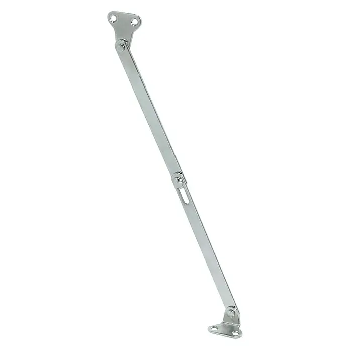 Suki Soporte de tapa - Largo: 250 mm - La imagen muestra un tope de tapa plateado, con dos placas de montaje y un brazo articulado, ideal para puertas y solapas de armarios.