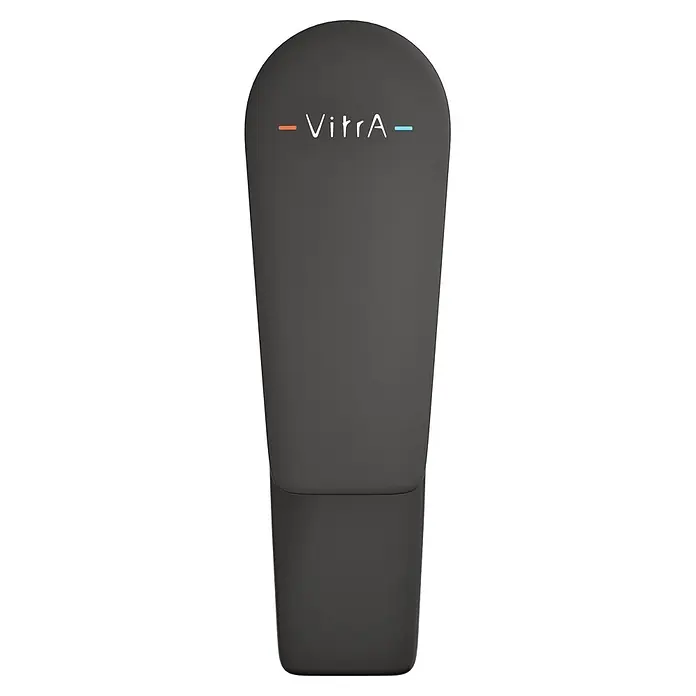 VitrA Flow Square Waschtischarmatur - Schwarz, Matt, Höhe: 17,6 cm, Ohne Zugstange - Dunkelgraue VitrA Toilettenspülplatte mit roten und blauen Spülanzeigen.