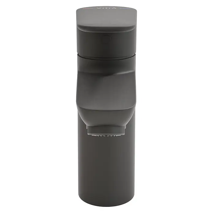 VitrA Flow Soft Waschtischarmatur - Schwarz, Höhe: 15 cm, Mit Zugstange - Dunkelgrauer, matter, zylindrischer berührungsloser Spender mit abgerundeter Oberseite und Düse unten.