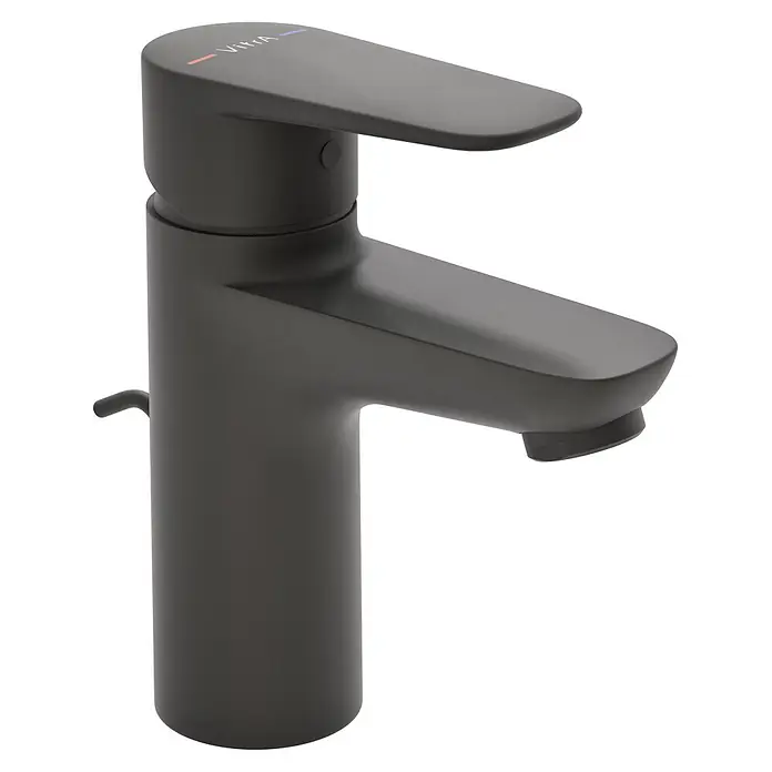 VitrA Flow Soft Waschtischarmatur - Schwarz, Höhe: 15 cm, Mit Zugstange - Mattschwarze Einhebel-Waschtischarmatur mit flachem Griff und Zugstange.