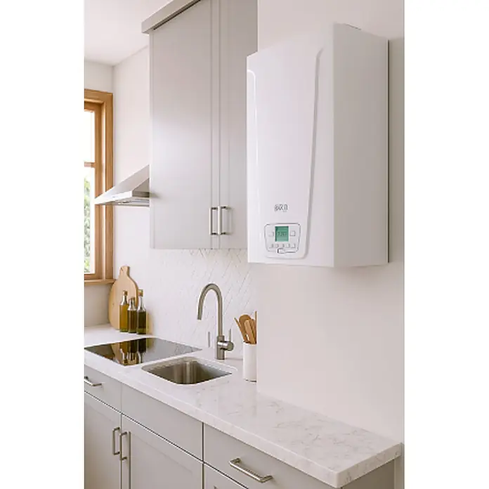 Baxi Caldera Neodens Iplus - 28 W, 8 l, Display LC - Caldera blanca de pared con pantalla digital en una cocina moderna.