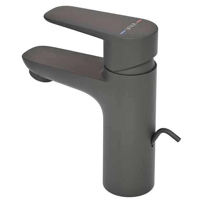 VitrA Flow Soft Waschtischarmatur - Schwarz, Höhe: 15 cm, Mit Zugstange - Mattschwarze Einhebel-Waschtischarmatur mit Vitra-Logo, Warm-/Kaltanzeigen und Zugstange.