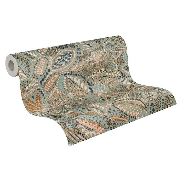 A.S. Création Cuba 2 Vliestapete Ethno - Grau-Blau, Floral, 10,05 x 0,53 m - Tapetenrolle mit abstraktem graugrünem, blauem, rosa und braunem Blumenmuster.