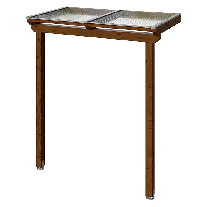 SKAN HOLZ Pultvordach Anklam - 220 x 124 x 254 cm, Nussbaum - Dunkelbrauner Holzcarportrahmen mit transparenten Dachelementen und Metallpfostenankern.