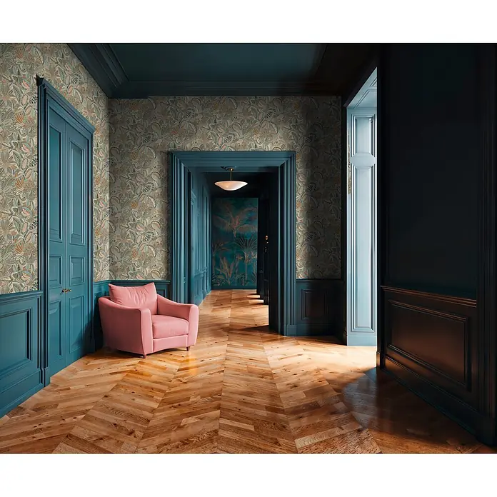A.S. Création Cuba 2 Vliestapete Ethno - Grau-Blau, Floral, 10,05 x 0,53 m - Eleganter Flur mit aufwendiger floraler Tapete in gedämpften Braun-, Petrol- und Pfirsichtönen, abgesetzt durch dunkelpetrolfarbene Wandverkleidung.