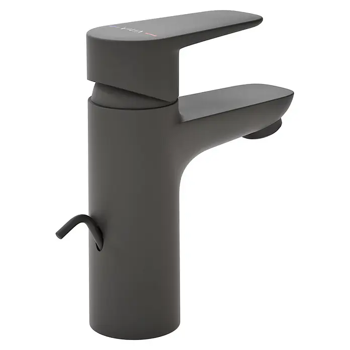 VitrA Flow Soft Waschtischarmatur - Schwarz, Höhe: 15 cm, Mit Zugstange - Matter schwarzer Einhebel-Waschtischarmatur mit integriertem Zugstangenablauf auf der Seite.