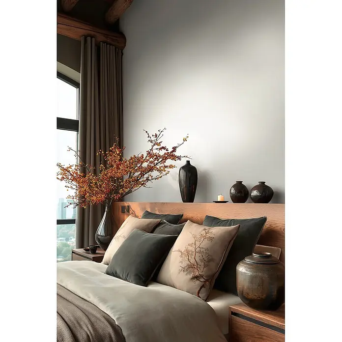A.S. Création Metropolitan Stories Vibes & Styles Vliestapete Uni - Weiß-Grau, Uni, 10,05 x 0,53 m - Ein modernes Schlafzimmer mit Holzbett, gedämpfter Bettwäsche und einer Vase mit orangen Beeren, schafft eine ruhige, einladende Atmosphäre.