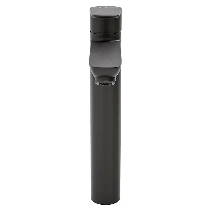 VitrA Flow Soft Waschtischarmatur - Höhe: 29,3 cm, Ohne Zugstange, Schwarz - Dunkelgrauer, matter, zylindrischer Wasserhahn/Spender mit gemustertem Perlator und 'Vitra'-Branding oben.