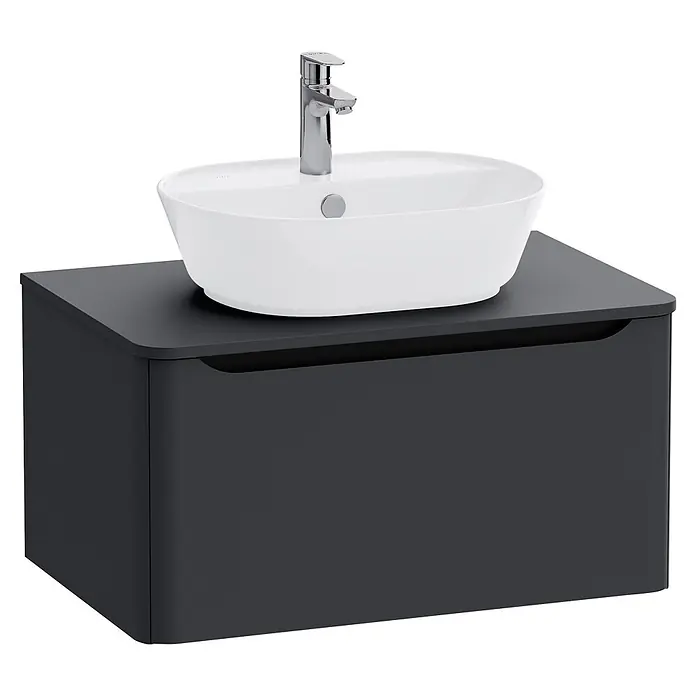 VitrA Integra Round Waschtischunterschrank Integra Round - B x T x H: 76,5 x 52 x 42 cm, Graphit - Dunkelgrauer Waschtischunterschrank mit weißem Keramik-Aufsatzwaschbecken und Chromarmatur.